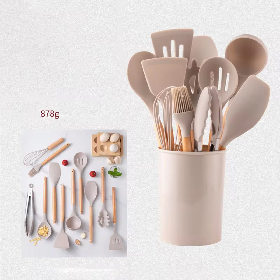 Khaki 12-Piece Silicone Spatula Set with Wooden Handles and Storage Bucket