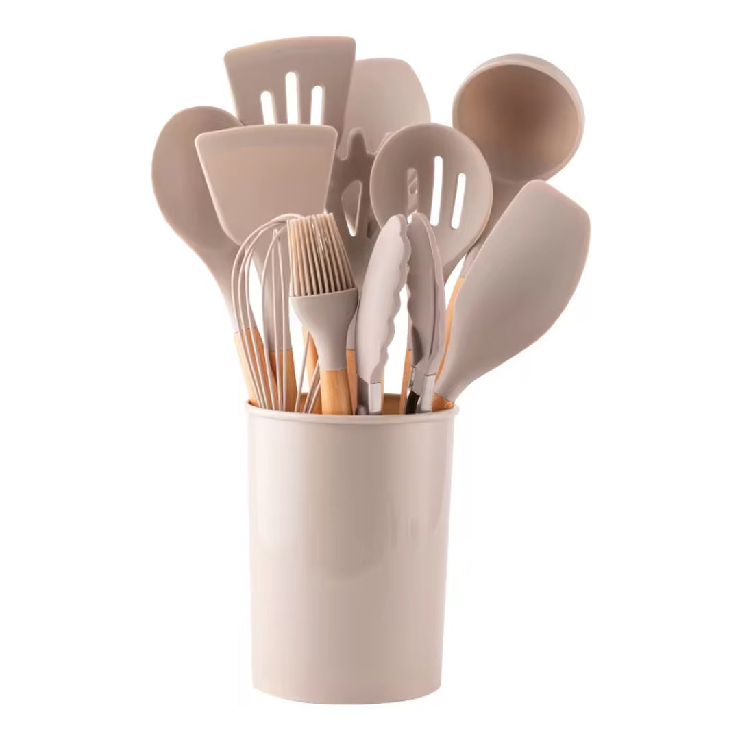 Khaki 12-Piece Silicone Spatula Set with Wooden Handles and Storage Bucket