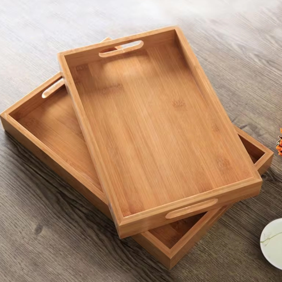 Bamboo Wooden Rectangular Tea Tray with Handles Solid Wood Tea Cup and Dinner Plate Stand