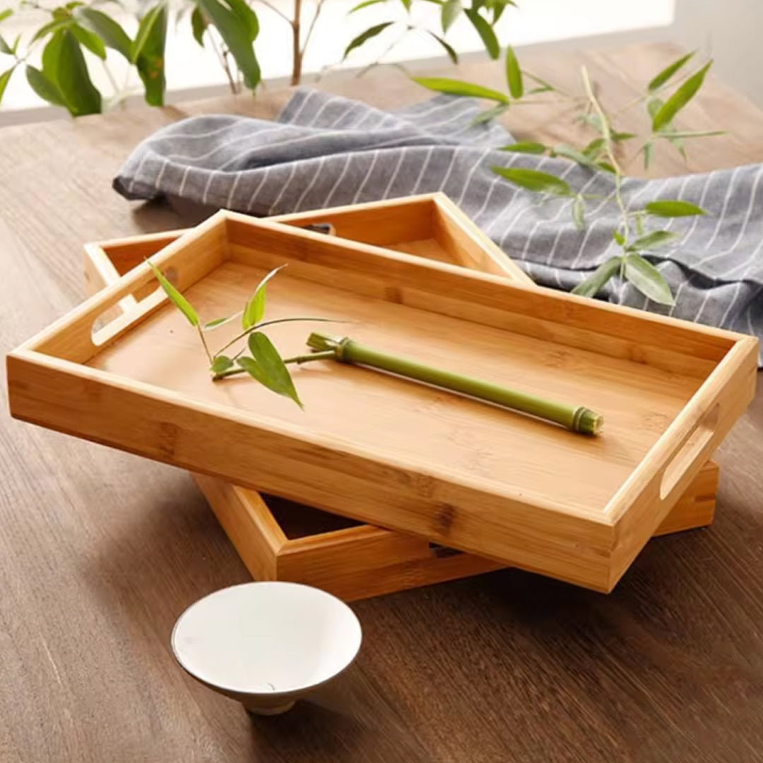 Bamboo Wooden Rectangular Tea Tray with Handles Solid Wood Tea Cup and Dinner Plate Stand