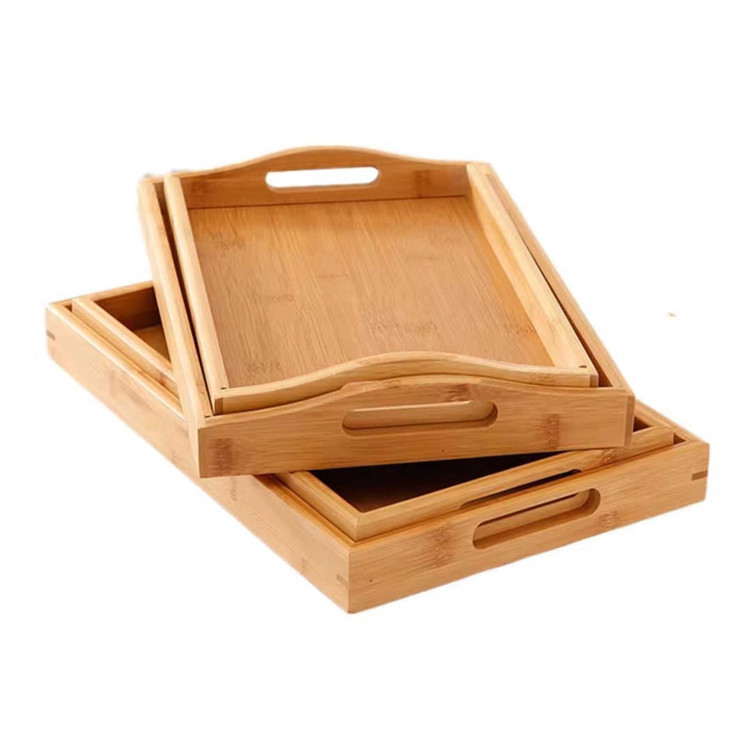 Bamboo Wooden Rectangular Tea Tray with Handles Solid Wood Tea Cup and Dinner Plate Stand